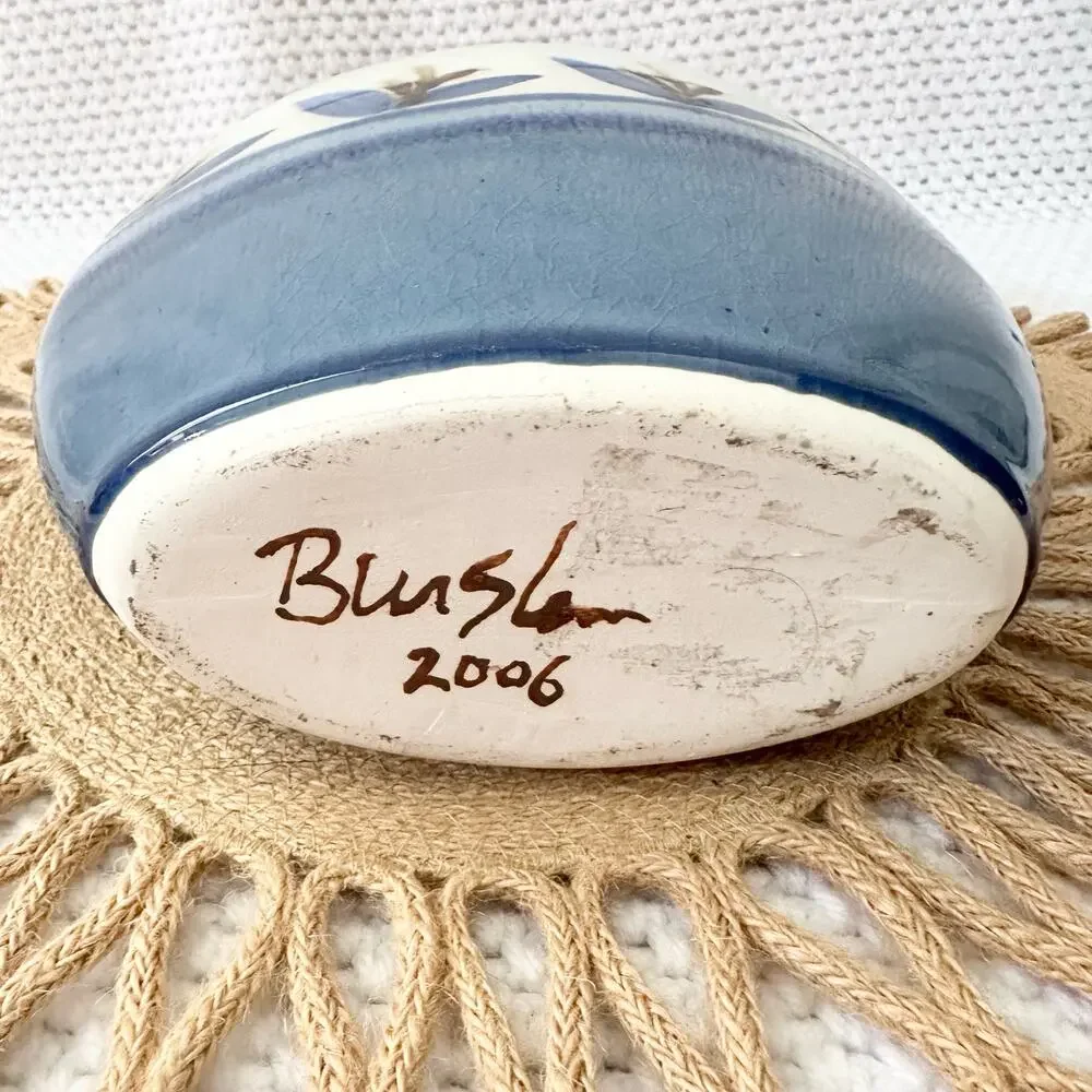 Signed Burslem 2006 Blue Cream Ceramic Glazed Slim Oval Floral Pottery Vase